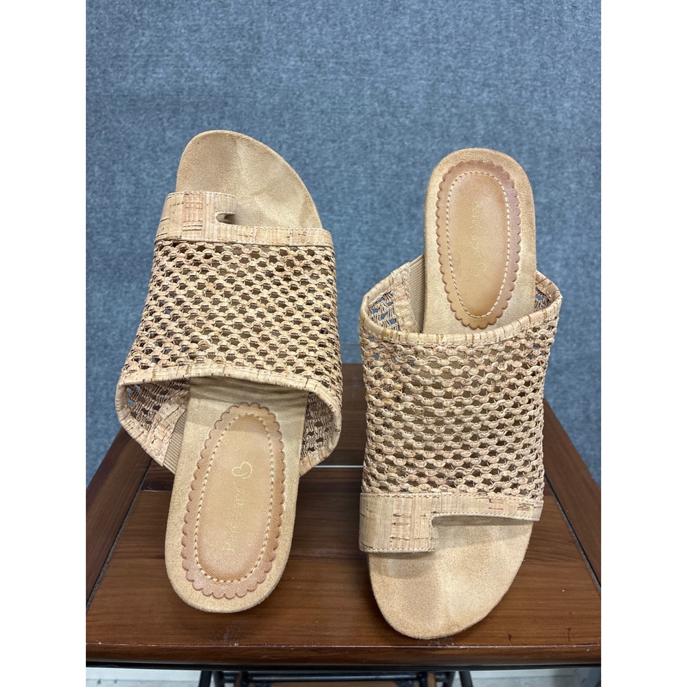 Baretraps Woven Mesh Cork Wedge Sandals Tan Toe Ring Slides Women 11M